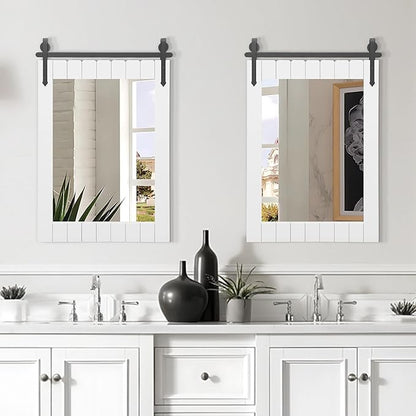 Besdomus Bathroom Farmhouse Large Mirror: 24"x36" White Barn Door Solid Cedar Wood Frame Vanity Mirror - Rustic Wall Mounted Mirror for Bathroom/Living Room/Entryway - Farmhouse Decor for Homemakers