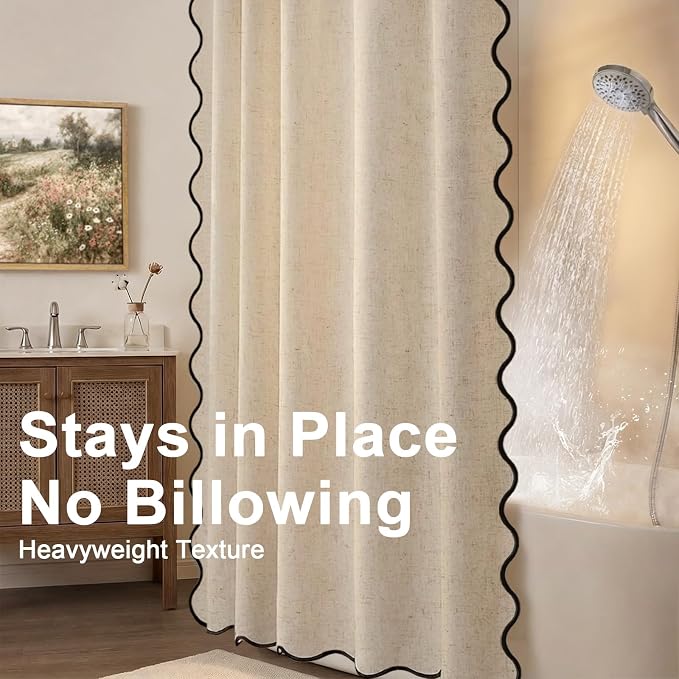 Scalloped Shower Curtain Linen Boho Beige 72" W x 84" L | Linen Fabric, Black Border, Washable, Heavy Duty Cloth, Shower Curtain for Boho Farmhouse Bathroom Bathtub