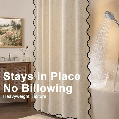 Scalloped Shower Curtain Linen Boho Beige 72" W x 84" L | Linen Fabric, Black Border, Washable, Heavy Duty Cloth, Shower Curtain for Boho Farmhouse Bathroom Bathtub