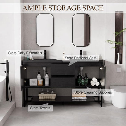LUCKWIND 60" Modern Bathroom Vanity with Dual Black Sink Combo, Freestanding Storage Cabinet with Metal Frame, Water-Saving Faucet and Open Shelf and 2 Soft-Closing Door, Black