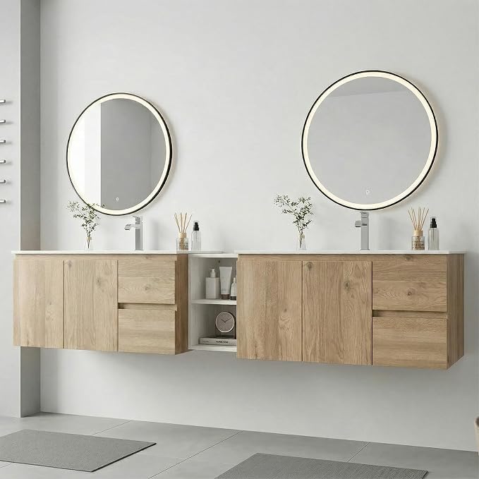 84" Modern Floating Double Sink Bathroom Vanity, Wall Mounted Bathroom Cabinet with U-Shaped Drawers, Beveled Invisible Handles Open Side Shelf, FSC Certified Wood Veneer (White, 84 lnch)