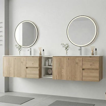 84" Modern Floating Double Sink Bathroom Vanity, Wall Mounted Bathroom Cabinet with U-Shaped Drawers, Beveled Invisible Handles Open Side Shelf, FSC Certified Wood Veneer (White, 84 lnch)