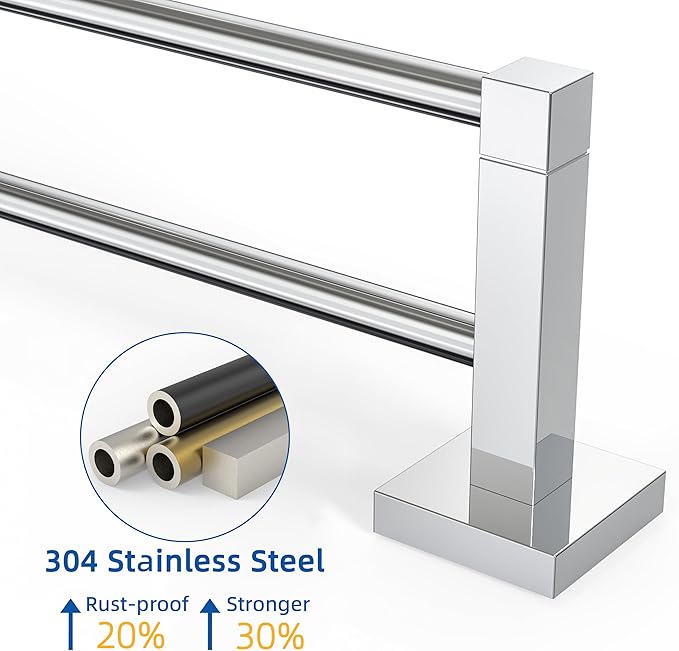 RUACQ Double Towel Bar, 24 Inch Towel Racks for Bathroom Wall Mounted, 304 Stainless Steel Bath Towel Rod with Square Base(Chrome)