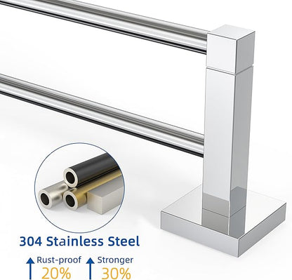 RUACQ Double Towel Bar, 24 Inch Towel Racks for Bathroom Wall Mounted, 304 Stainless Steel Bath Towel Rod with Square Base(Chrome)