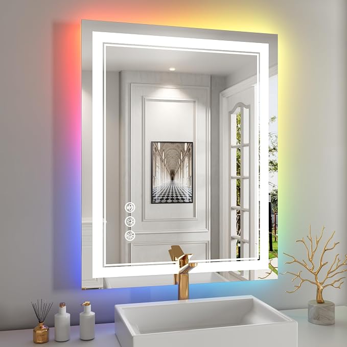 24x30 Inch RGB LED Bathroom Mirror with Lights | Front and RGB Backlit, Dimmable, Memory, Anti Fog, Shatterproof, Horizontal/Vertical, Lighted Mirrors for Bathroom Wall