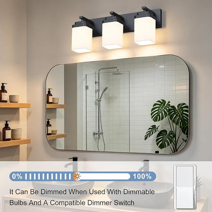 Matte Black Bathroom Light Fixtures, 3 Lights Bathroom Lighting Fixtures Over Mirror, Square Design & Rectangle Large Backplate, Modern Vanity Lighting Fixtures, for Living Room/Bedroom