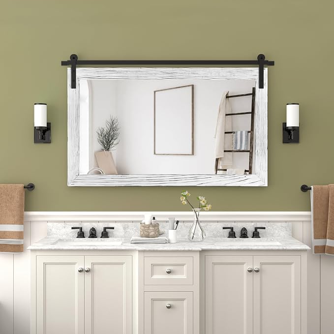 COGOOD Farmhouse Bathroom Mirrors for Over Sink - 26 x 41 White | Rustic Barn Door Wood Framed Vanity Mirror for Entryway, Living Room, Bedroom, Dresser Wall Decor