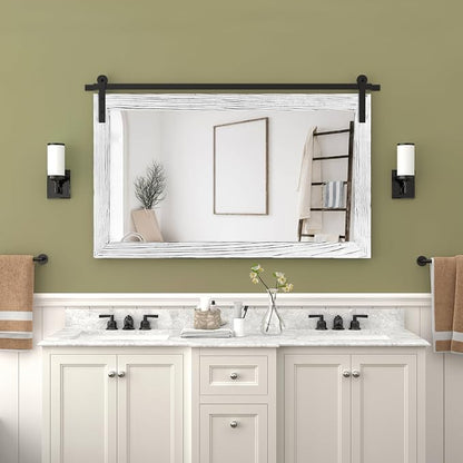 COGOOD Farmhouse Bathroom Mirrors for Over Sink - 26 x 41 White | Rustic Barn Door Wood Framed Vanity Mirror for Entryway, Living Room, Bedroom, Dresser Wall Decor