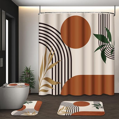 Bathroom Sets with Shower Curtain and Rugs, 4 Pcs Geometric Boho | Abstract Mid Century Bathroom Decor Set with Toilet Lid Cover, Non-Slip Bath Mats and Accessories 12 Hooks