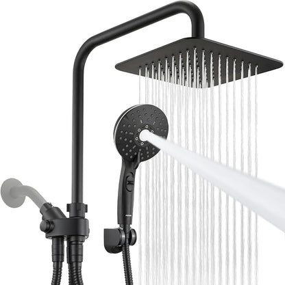 Dual Shower Head Combo, 8'' High Pressure Rain Shower Head with Handheld Spray, 6+1 Spray Settings Handheld Showerhead, Height Adjustable, One-touch Pause Button, Matte Black