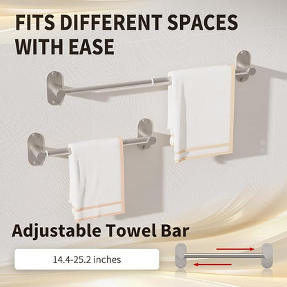 5-Piece Bathroom Hardware Set, Adhesive or Drill Wall Mount, Nickel | Adjustable Towel Bar, Toilet Paper Holder, Towel Ring, 2 Towel Hook, 304 Stainless Steel Bathroom Accessories Set