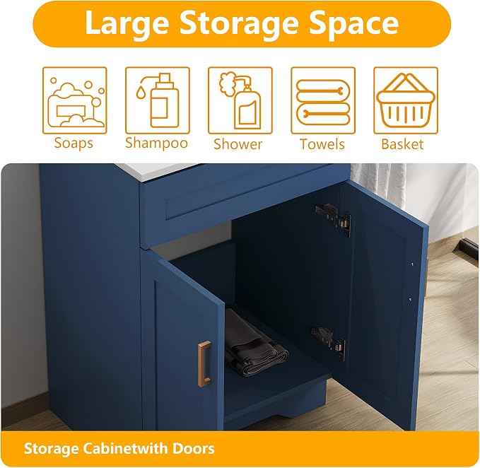 24 Inch Bathroom Vanity, Wooden Double Door Bathroom Sink Storage Cabinet, Freestanding Modern Cabinet Vanity Without Sink (Blue No Sink, 24")