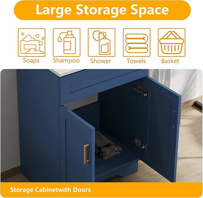 24 Inch Bathroom Vanity, Wooden Double Door Bathroom Sink Storage Cabinet, Freestanding Modern Cabinet Vanity Without Sink (Blue No Sink, 24")