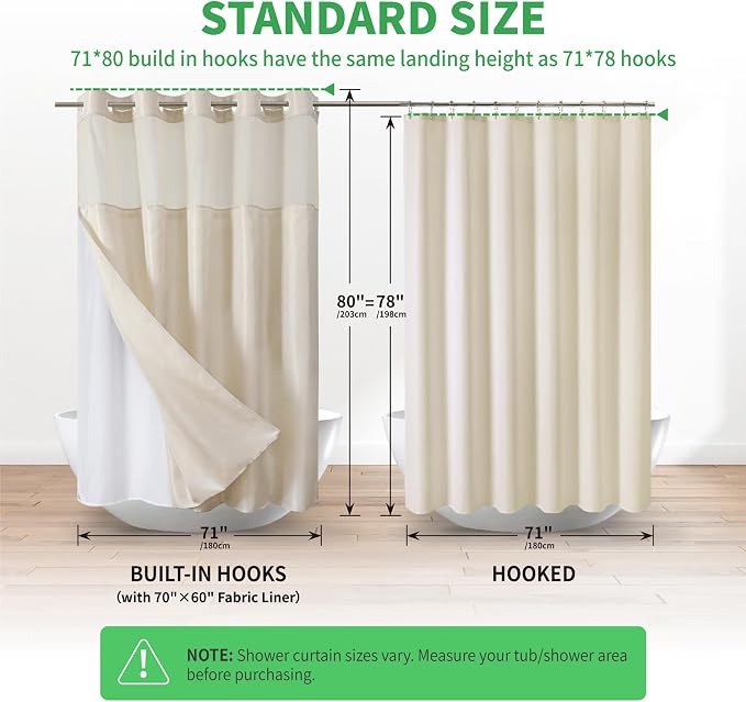 eachope No Hook Boho Arch Shower Curtain with Snap-in Liner Set,71x80,Cream | 230GSM Thick Fabric,Easy to Install,Sheer Window,Magnetic Weighted Hem,Waterproof & Machine Washable,for Bathroom,Hotel