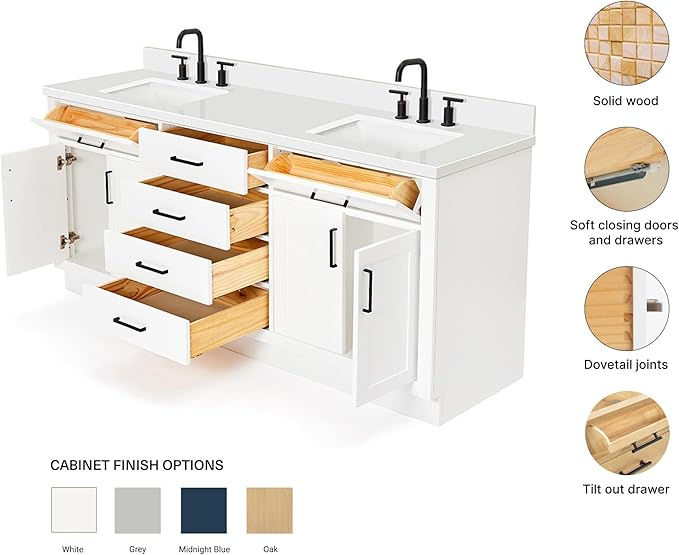 ARIEL Hepburn 72-inch Bathroom Vanity with Sink,Solid Wood, 1.5-inch Pure White Quartz Countertop & Backsplash, Double Rectangular Porcelain Sink, 4 Soft Closing Doors, 6 Dovetail Drawers, White