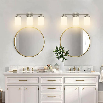 Brushed Nickel Bathroom Light Fixtures,3-Light Nickel Vanity Lights, Bathroom Lights Over Mirror,Modern Wall Sconces with Frosted Glass Shades for Bathroom,Living Room