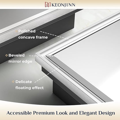 Keonjinn 17" x 25" Silver Bathroom Medicine Cabinets with Mirror, Recessed or Surface Wall-Mounted Aluminum Alloy Framed Beveled Mirror with Storage, 2 Adjustable Shelves for Bath Modern