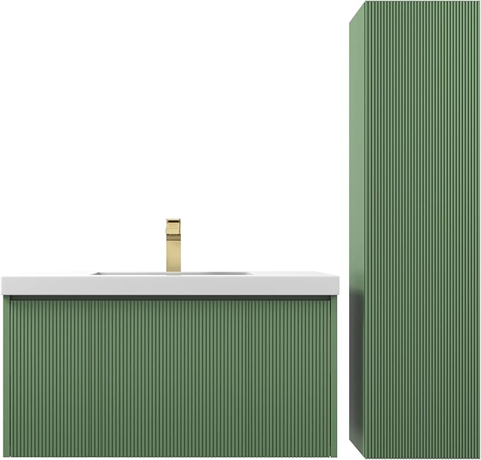 Blossom 36 Inch Bathroom Vanity with Sink and Side Cabinet, All Wood Floating Bathroom Vanity with Acrylic Sink, Bathroom Sink Cabinet with Soft-Close Drawer, Modern Style Vanities, Aventurine Green
