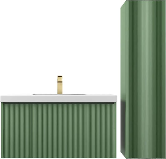 Blossom 36 Inch Bathroom Vanity with Sink and Side Cabinet, All Wood Floating Bathroom Vanity with Acrylic Sink, Bathroom Sink Cabinet with Soft-Close Drawer, Modern Style Vanities, Aventurine Green