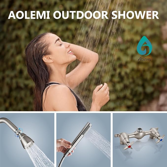 Aolemi Outdoor Shower Kit with Handheld,Round Rain Shower,Brushed Nickel | 2-Handle Hot and Cold Control, Adjustable Height, 6-Inch Center Valve, 59-Inch Hose, Winter Drainage Outdoor Shower Fixtures