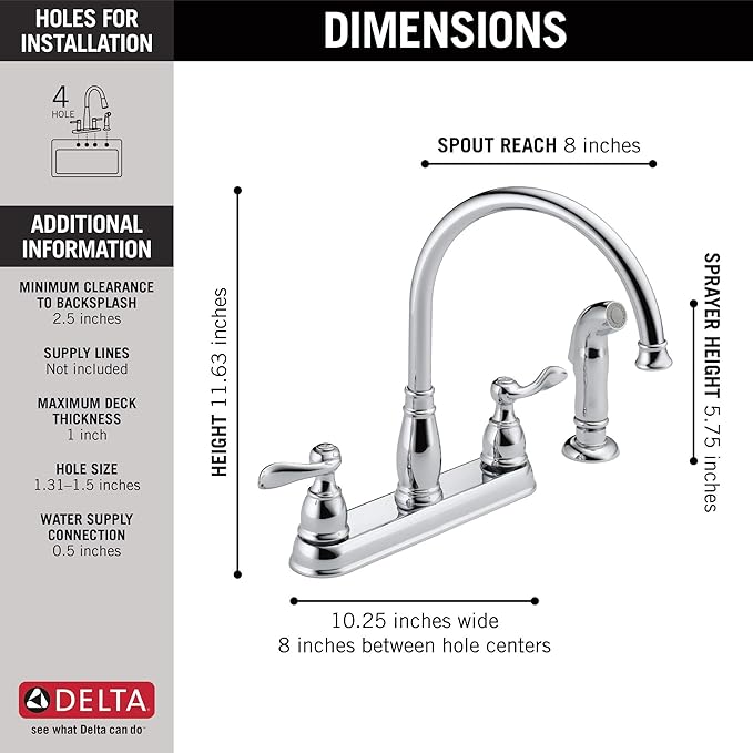 Delta Windemere Chrome Kitchen Faucet with Side Sprayer, Traditional 4 Hole Kitchen Sink Faucet, Two-Handle, Chrome 21996LF
