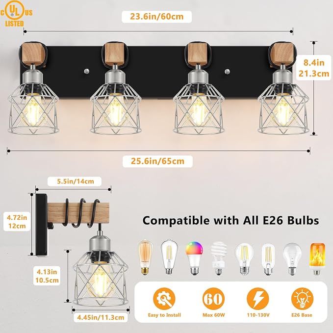 FadimiKoo Farmhouse Vanity Light for Bathroom, 4-Light Rustic Wood Black Bathroom Light Fixtures with Elegant Silver Metal Cage, Vintage Vanity Lights Over Mirror for Living Room Bedroom Hallway