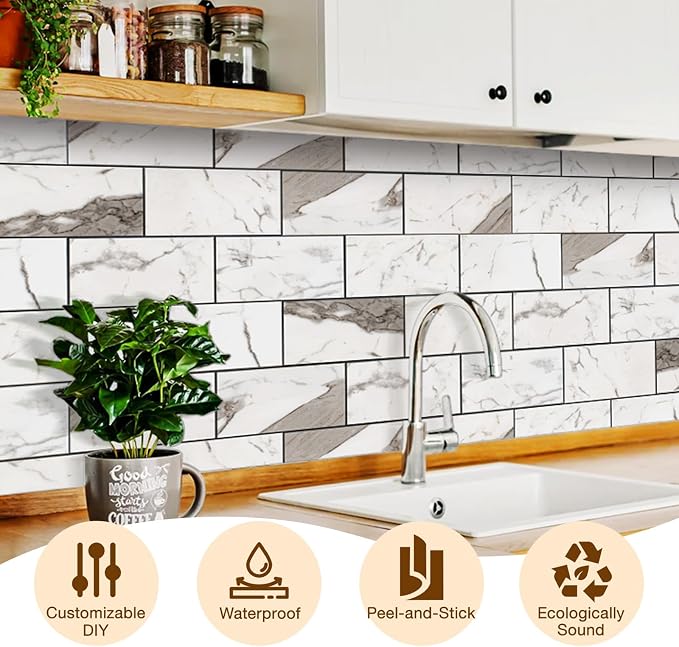 Peel and Stick Backsplash Tile for Kitchen & Bathroom Walls (Polished Carrara Marble, 10 Tiles - 9.7 sq. ft. (0.9 m²))