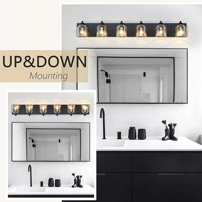 6-Light Bathroom Vanity Lights Large 48in with Bubble Glass Shades | Farmhouse Rustic style, Matte Black Metal Base, E26 Ceramic Socket, UL&ETL Listed, Up&Down Mountable, Hardwired, over Mirror