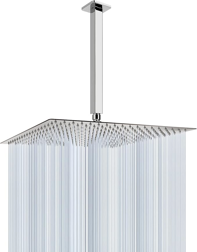 NearMoon Rain Shower Head With Shower Arm, Ceiling Mount Square Shower, Stainless Steel Ceiling Rainfall Showerhead- Waterfall Full Body Coverage (16 Inch, Chrome Finish)