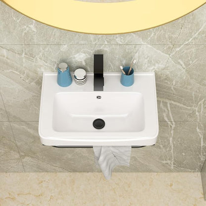 Lordear Wall Mounted Bathroom Sink with Towel Rack 20 x 14 Inch Modern Black Wall Hung Sink for ADA Bathrooms, Rectangular One Hole Porcelain Vanity Sinks