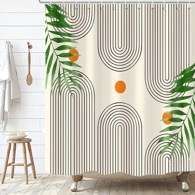 Boho Mid Century Modern Shower Curtain, Abstract Arch Leaf Minimalist Sun Beige Machine Washable Waterproof Fabric for Bathroom Bathtub with Hooks 72x72