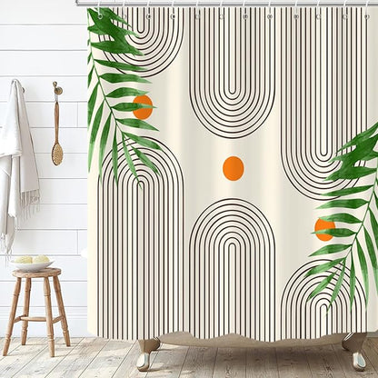 Boho Mid Century Modern Shower Curtain, Abstract Arch Leaf Minimalist Sun Beige Machine Washable Waterproof Fabric for Bathroom Bathtub with Hooks 72x72