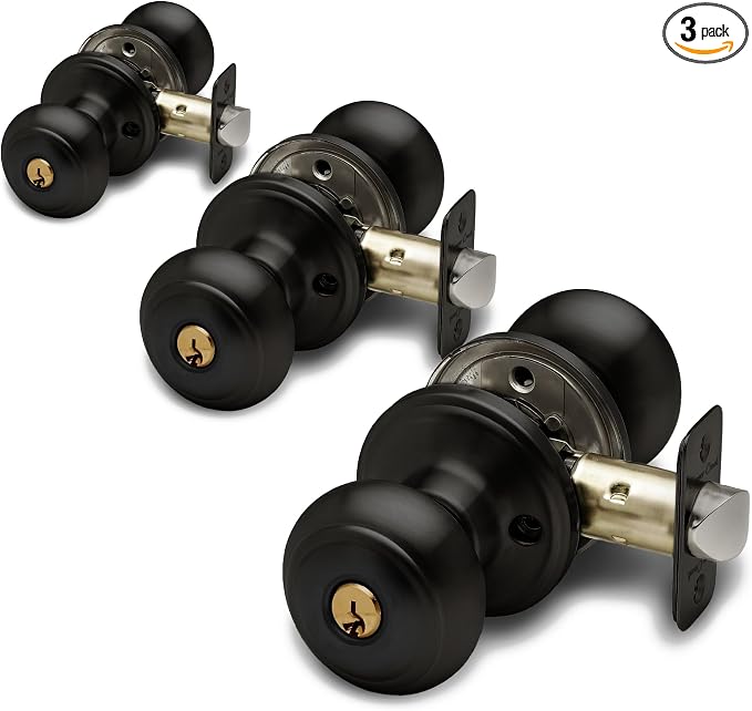 Copper Creek Colonial Entry Door Knob – Keyed Entry Handle with Lock and Key, ANSI Grade-3 Certified, DIY-Friendly Install for Interior and Exterior Entrance Doors – Matte Black (3 Pack)