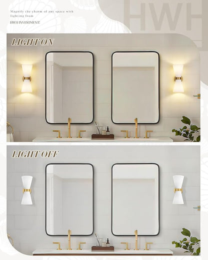 Gold Sconce Wall Lighting, HWH Single Wall Vanity Light Fixture Brushed Gold Wall Sconce Lamp, Modern Indoor Up Down Wall Light with Frosted Milk White Striped Glass Shade, 5HZG97B-2W BG