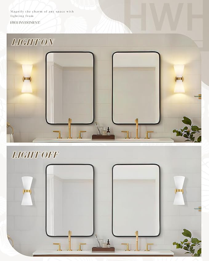 Modern Wall Sconce Set of 2, HWH 2-Light Up Down Wall Light Indoor Vanity Wall Lamp, Brushed Gold Bathroom Vanity Sconce Frosted White Striped Glass Shade, 5HZG97B-2W-2PK BG