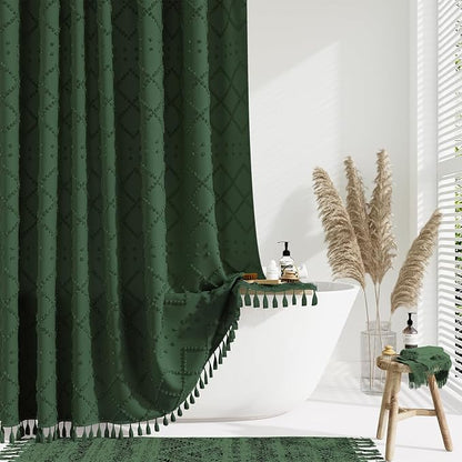 Long Boho Shower Curtain Tufted Geometric 72"x78" Dark Green | 78 Inch Tall, Elegant Tassel, Lightweight Textured Fabric, Water Repellent, Washable, Hotel Spa, for Bathroom/Dorm 12 Hooks