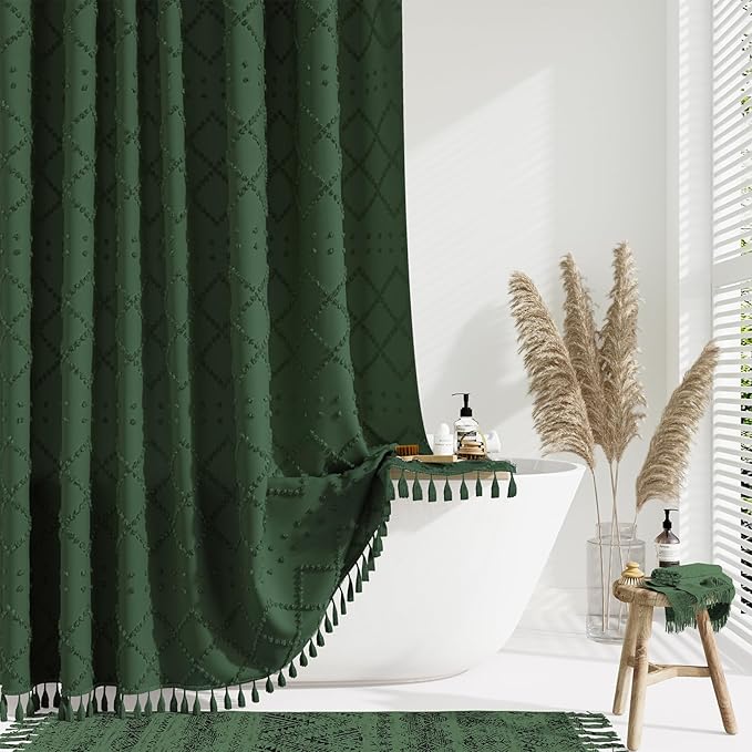 Extra Long Boho Shower Curtain Tufted Geometric 72"x96" Dark Green | 96 Inch Tall, Elegant Tassel, Lightweight Textured Fabric, Water Repellent, Washable, Hotel Spa, for Bathroom/Dorm 12 Hooks