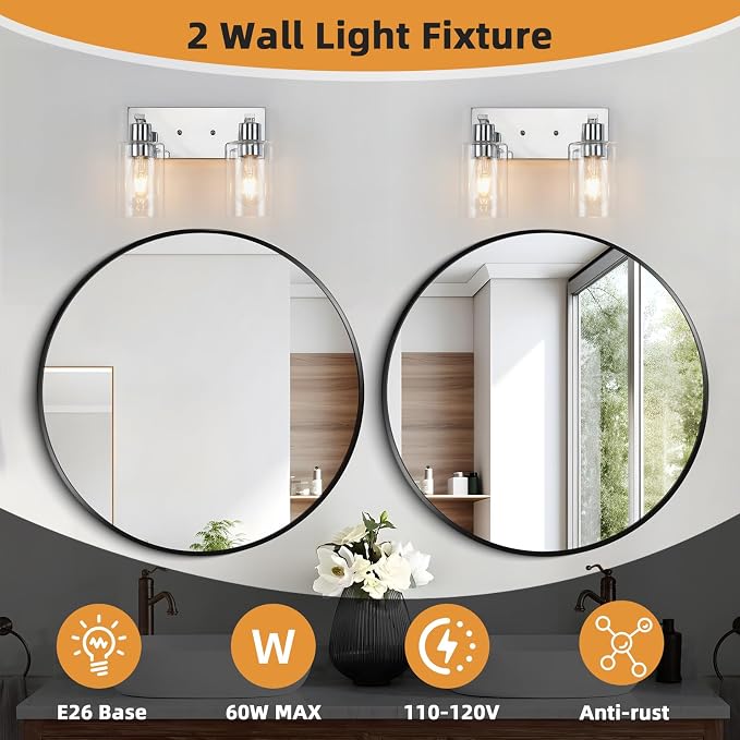 2 Lights Bathroom Light Fixtures Chrome Vanity Light with Clear Glass Shade 13in Modern Bathroom Lighting Fixtures Over Mirror for Bedroom/Living Room