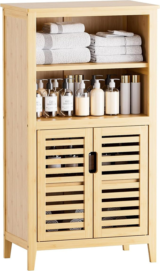 HITNET Bathroom Cabinet Freestanding, Bamboo Storage Cabinet 5-Tier Floor Cupboard with Door and Shelf for Bathroom, Kitchen, Hallway, Natural