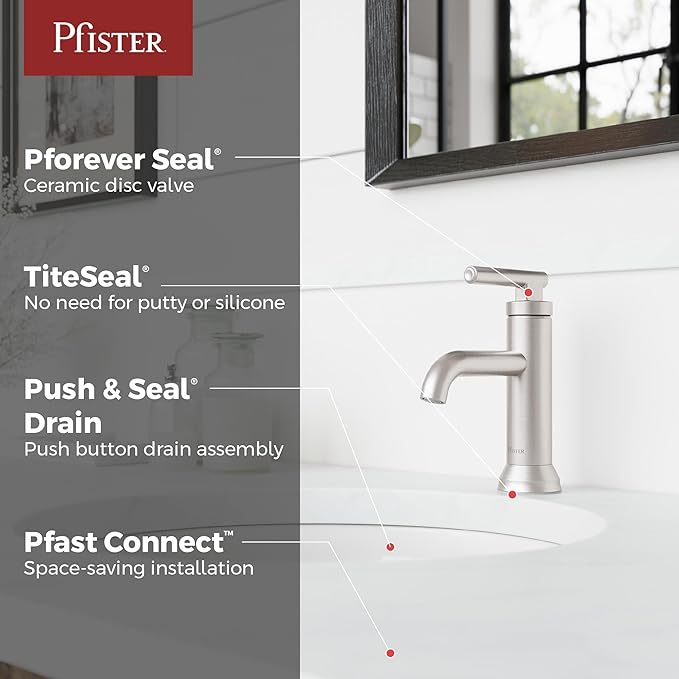 Pfister Capistrano Bathroom Sink Faucet, Single Control, 1-Handle, Single Hole, NSF Certified, Spot Defense Brushed Nickel Finish, LF042CSOGS