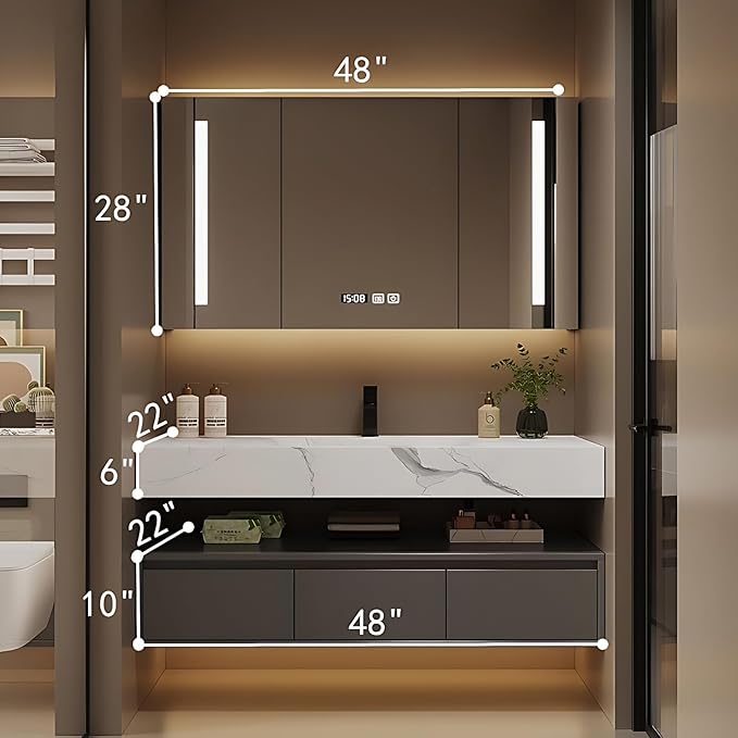 Bathroom Vanity with Sink - Single/Double Sink Bathroom Vanity Cabinet & LED Smart Defogger Mirror Cabinet Set, Modern Floating Vanity, Wall-Mounted Installation (48",Single Sink)