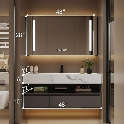 Bathroom Vanity with Sink - Single/Double Sink Bathroom Vanity Cabinet & LED Smart Defogger Mirror Cabinet Set, Modern Floating Vanity, Wall-Mounted Installation (48",Single Sink)