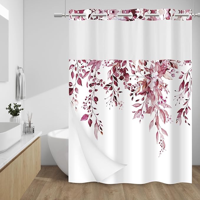 No Hook Shower Curtain with Liner, Eucalyptus Burgundy, 71x74 | Snap in Liner, 3 in 1, Water Repellent, Easy Install, Machine Washable, Hotel Style for Bathroom, Watercolor Pattern