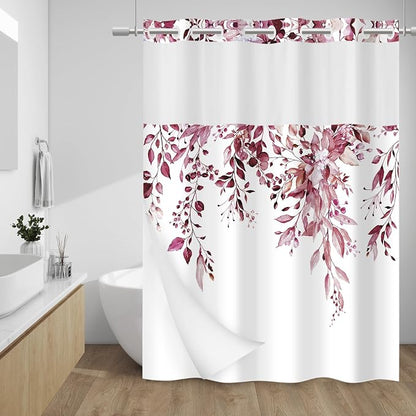 No Hook Shower Curtain with Liner, Eucalyptus Burgundy, 71x74 | Snap in Liner, 3 in 1, Water Repellent, Easy Install, Machine Washable, Hotel Style for Bathroom, Watercolor Pattern