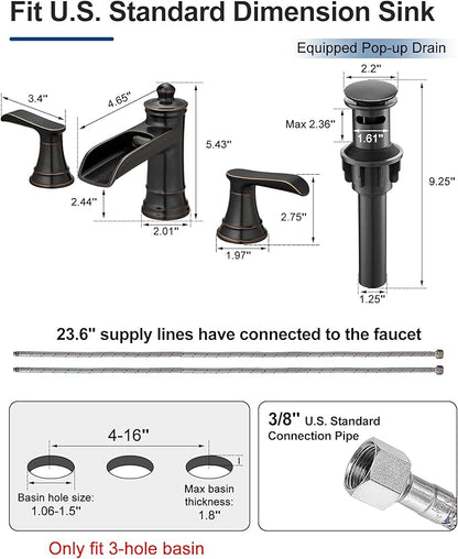 4-16 Inch Oil Rubbed Bronze Waterfall Bathroom Faucet 3 Hole, Brass Bathroom Sink Faucet 2 Handles Widespread with Pop-up Drain & cUPC Supply Hoses for Vanity, Lavatory, Restroom, Farmhouse