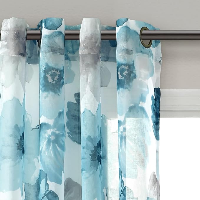 Lush Decor Leah Floral Sheer Window Curtain Panels Pair 52"W x 84"L Blue - Floral Curtains for Bedroom - Sheer Curtains for Living Room