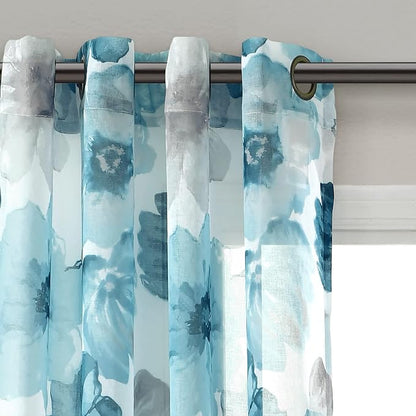 Lush Decor Leah Floral Sheer Window Curtain Panels Pair 52"W x 84"L Blue - Floral Curtains for Bedroom - Sheer Curtains for Living Room