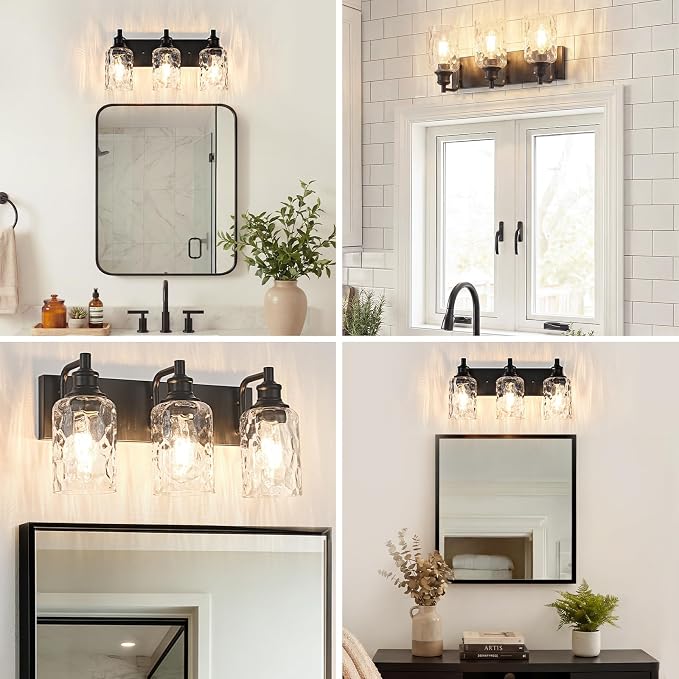 Bathroom Light Fixtures Over Mirror, 3 Lights Vanity Lights with Hammered Glass Shade, 17.8" Matte Black Farmhouse Bathroom Light Fixtures for Bedroom, Porch, Hotel, Mirror Cabinet