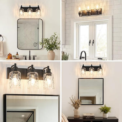 Bathroom Light Fixtures Over Mirror, 3 Lights Vanity Lights with Hammered Glass Shade, 17.8" Matte Black Farmhouse Bathroom Light Fixtures for Bedroom, Porch, Hotel, Mirror Cabinet