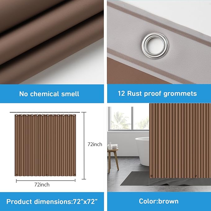 EHZNZIE Shower Curtain Liner Light Weight PEVA, Shower Liner 72x72 Inches, Waterproof, No Chemical Smell with 12 Rust Proof Metal Grommets for Bathroom Shower Curtain, Brown